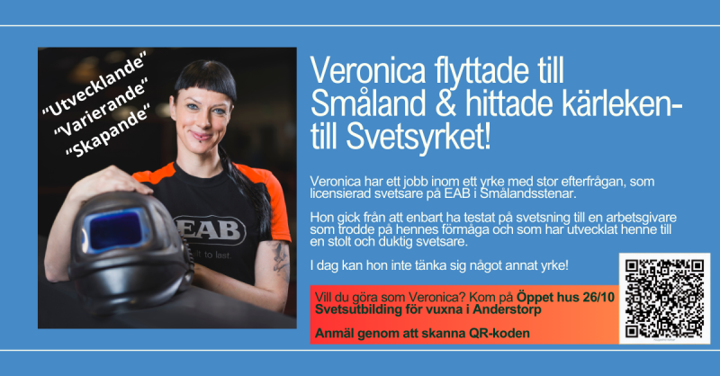 Bild på ung kvinna med svetshjälm framför sig.